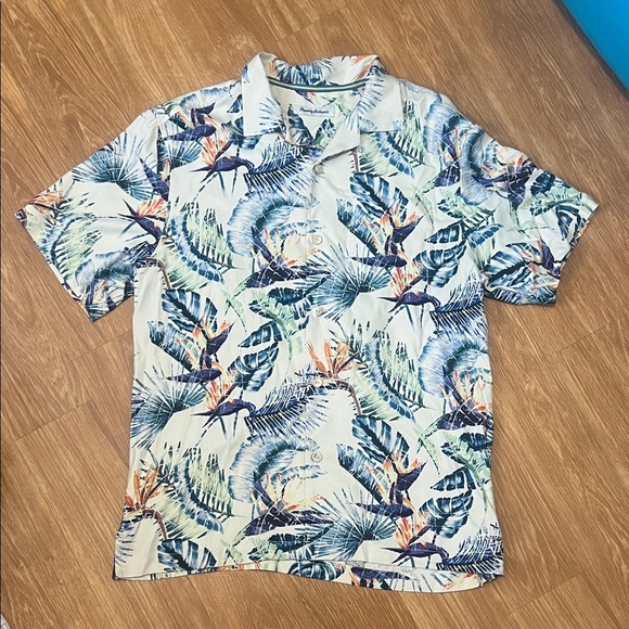 Tommy Bahama Leaf Print Men's Shirt - Blue and Green 100% silk - Picture 1 of 6